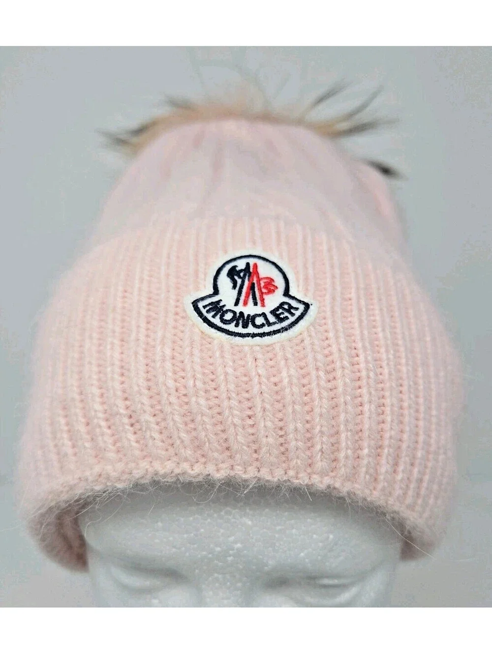 MONCLER Knit Cashmere Angora Beanie Pom Pom Logo Hat Pink 9